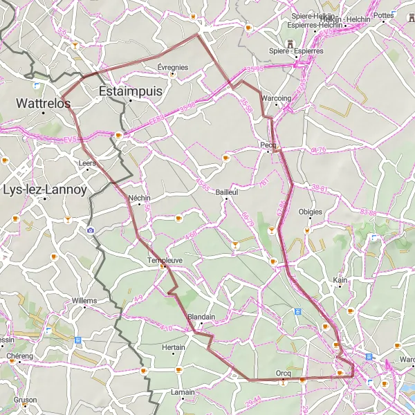 Miniatuurkaart van de fietsinspiratie "Rondje Tournai via Néchin en Pecq" in Prov. Hainaut, Belgium. Gemaakt door de Tarmacs.app fietsrouteplanner
