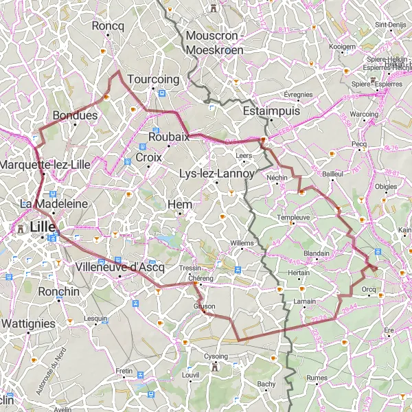 Miniatuurkaart van de fietsinspiratie "Gravelroute naar Leers-Nord" in Prov. Hainaut, Belgium. Gemaakt door de Tarmacs.app fietsrouteplanner