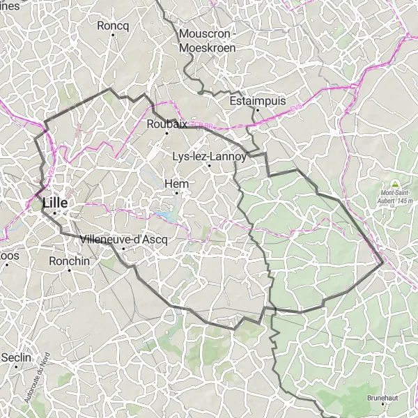 Miniature de la carte de l'inspiration cycliste "Parcours vers Roubaix et Villeneuve-d'Ascq" dans la Prov. Hainaut, Belgium. Générée par le planificateur d'itinéraire cycliste Tarmacs.app