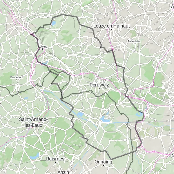 Map miniature of "Countryside Serenity" cycling inspiration in Prov. Hainaut, Belgium. Generated by Tarmacs.app cycling route planner