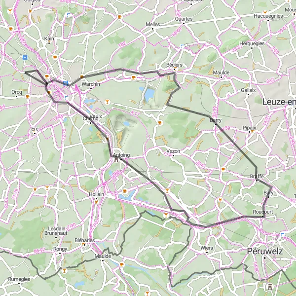 Karten-Miniaturansicht der Radinspiration "Roadtrip von Tournai nach Béclers" in Prov. Hainaut, Belgium. Erstellt vom Tarmacs.app-Routenplaner für Radtouren