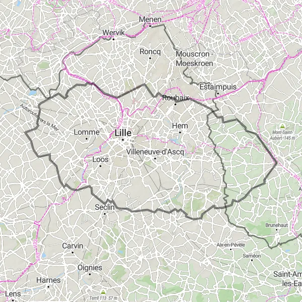 Map miniature of "Tournai to La Chapelle-d'Armentières Loop" cycling inspiration in Prov. Hainaut, Belgium. Generated by Tarmacs.app cycling route planner