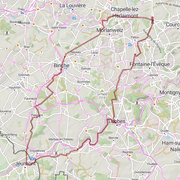 Miniature de la carte de l'inspiration cycliste "Aventure à travers les Terrils de la région" dans la Prov. Hainaut, Belgium. Générée par le planificateur d'itinéraire cycliste Tarmacs.app