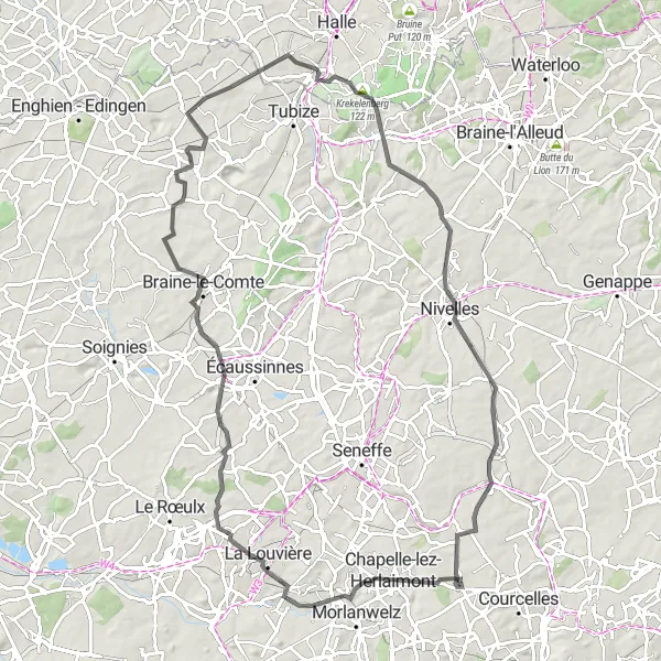 Karten-Miniaturansicht der Radinspiration "Schlossrunde nach Gouy-lez-Piéton" in Prov. Hainaut, Belgium. Erstellt vom Tarmacs.app-Routenplaner für Radtouren