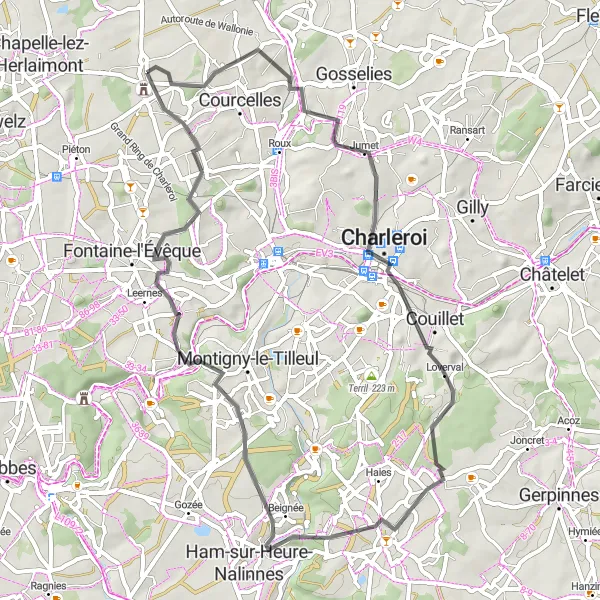 Karten-Miniaturansicht der Radinspiration "Fahrradtour über 52 km durch Charleroi und Ham-sur-Heure" in Prov. Hainaut, Belgium. Erstellt vom Tarmacs.app-Routenplaner für Radtouren