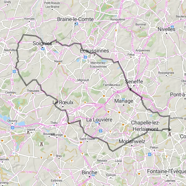 Map miniature of "Scenic Road Cycling Tour to Soignies" cycling inspiration in Prov. Hainaut, Belgium. Generated by Tarmacs.app cycling route planner