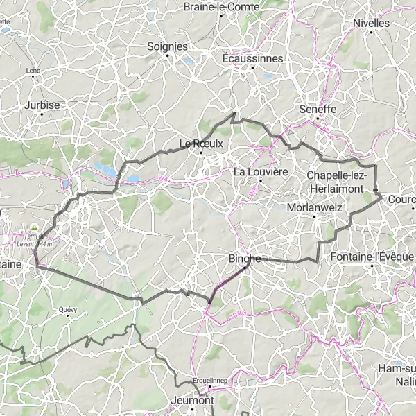 Miniatuurkaart van de fietsinspiratie "Rondrit vanuit Trazegnies via Beffroi en Gouy-lez-Piéton" in Prov. Hainaut, Belgium. Gemaakt door de Tarmacs.app fietsrouteplanner