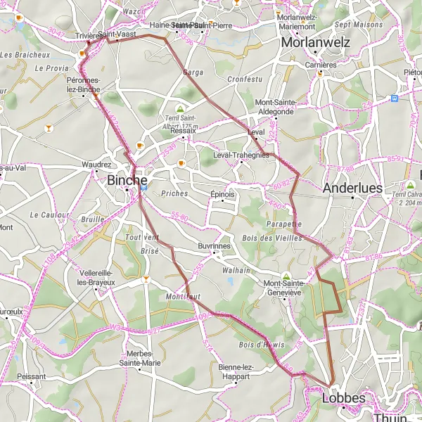 Map miniature of "Lobbes and Mont de la Justice Gravel Route" cycling inspiration in Prov. Hainaut, Belgium. Generated by Tarmacs.app cycling route planner