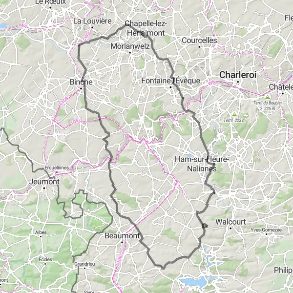 Map miniature of "Historic Sites Road Tour" cycling inspiration in Prov. Hainaut, Belgium. Generated by Tarmacs.app cycling route planner