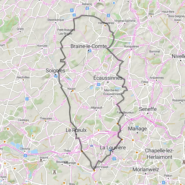Map miniature of "Discover Terrils: Trivières to La Louvière" cycling inspiration in Prov. Hainaut, Belgium. Generated by Tarmacs.app cycling route planner