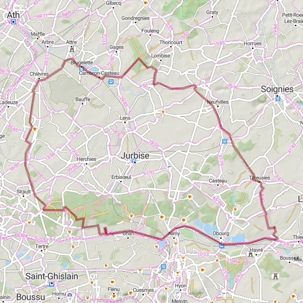 Map miniature of "Ghislage Gravel Route" cycling inspiration in Prov. Hainaut, Belgium. Generated by Tarmacs.app cycling route planner