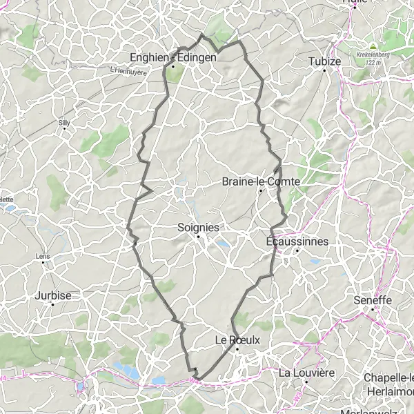 Miniature de la carte de l'inspiration cycliste "Boucle des Villages Pittoresques" dans la Prov. Hainaut, Belgium. Générée par le planificateur d'itinéraire cycliste Tarmacs.app