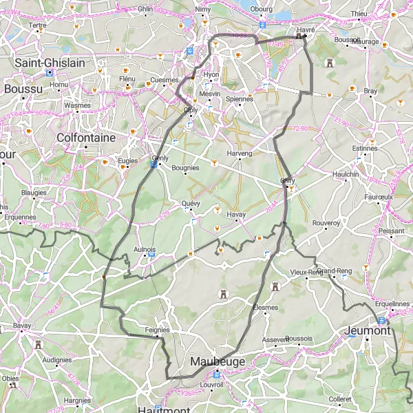 Miniature de la carte de l'inspiration cycliste "Circuit de la Vallée de la Haine" dans la Prov. Hainaut, Belgium. Générée par le planificateur d'itinéraire cycliste Tarmacs.app