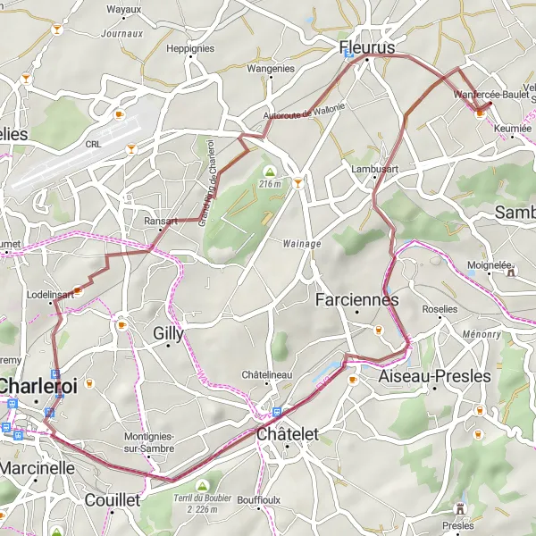 Karten-Miniaturansicht der Radinspiration "Kurze Gravel-Rundfahrt ab Wanfercée-Baulet" in Prov. Hainaut, Belgium. Erstellt vom Tarmacs.app-Routenplaner für Radtouren