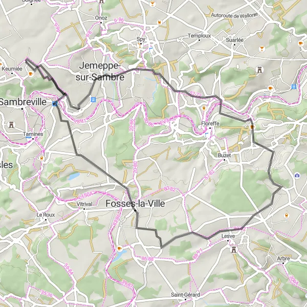 Miniature de la carte de l'inspiration cycliste "Boucle de Velaine" dans la Prov. Hainaut, Belgium. Générée par le planificateur d'itinéraire cycliste Tarmacs.app