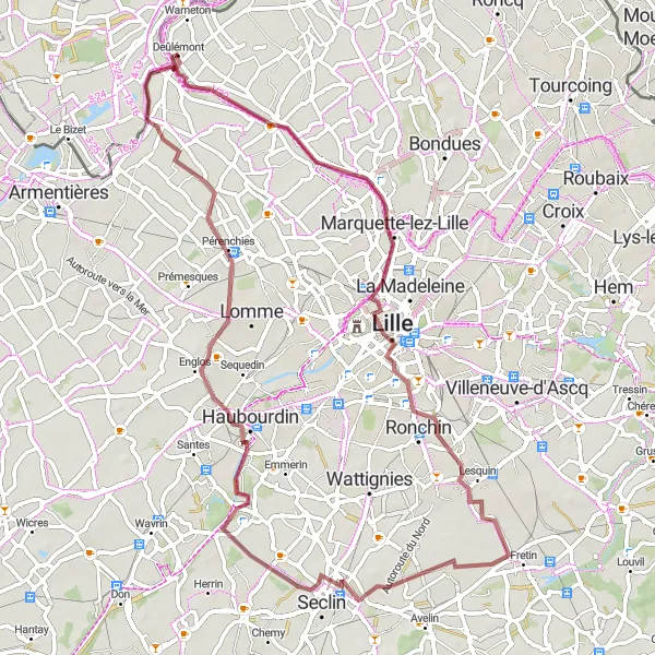 Karten-Miniaturansicht der Radinspiration "Rund um Warneton über Lille und Englos" in Prov. Hainaut, Belgium. Erstellt vom Tarmacs.app-Routenplaner für Radtouren