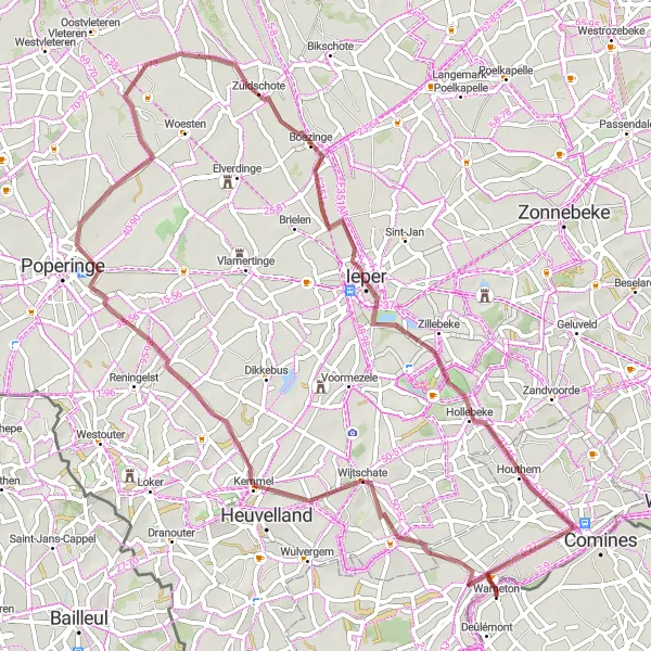 Map miniature of "Gravel Exploration around Warneton" cycling inspiration in Prov. Hainaut, Belgium. Generated by Tarmacs.app cycling route planner