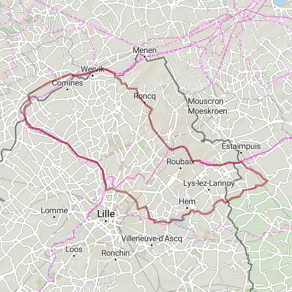 Map miniature of "Gravel Paradise near Warneton" cycling inspiration in Prov. Hainaut, Belgium. Generated by Tarmacs.app cycling route planner