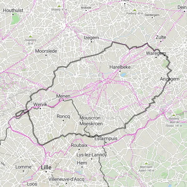 Karten-Miniaturansicht der Radinspiration "Road Cycling Tour von Warneton nach Dadizele und Sint-Eloois-Vijve" in Prov. Hainaut, Belgium. Erstellt vom Tarmacs.app-Routenplaner für Radtouren
