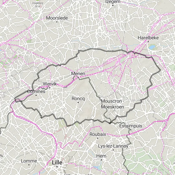 Map miniature of "Road Cycling Extravaganza near Warneton" cycling inspiration in Prov. Hainaut, Belgium. Generated by Tarmacs.app cycling route planner