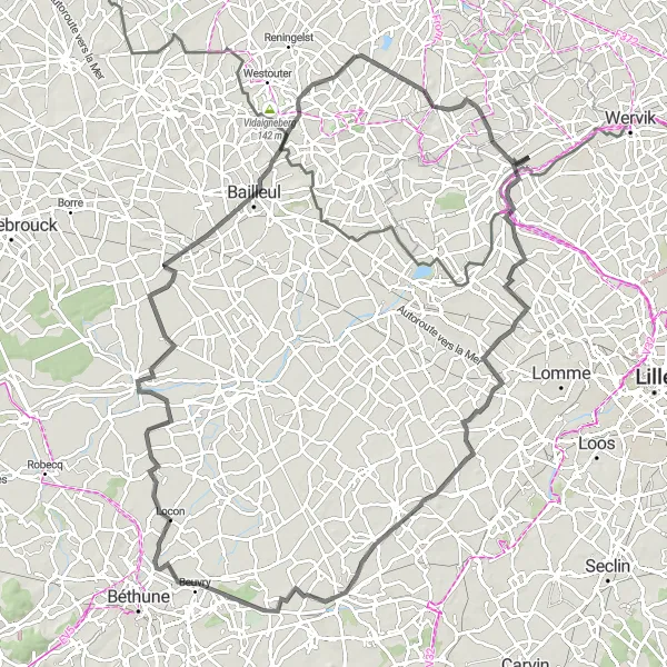 Karten-Miniaturansicht der Radinspiration "Rund um Warneton und Neerwasten" in Prov. Hainaut, Belgium. Erstellt vom Tarmacs.app-Routenplaner für Radtouren