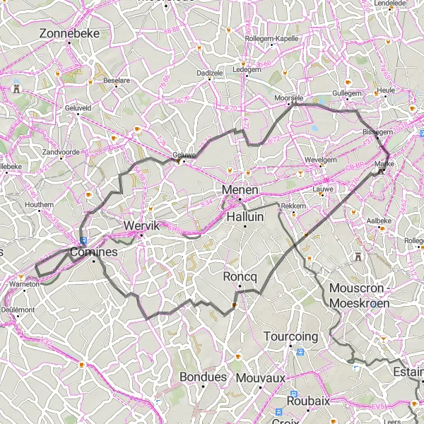 Karten-Miniaturansicht der Radinspiration "Rundfahrt von Warneton nach Frankreich und zurück" in Prov. Hainaut, Belgium. Erstellt vom Tarmacs.app-Routenplaner für Radtouren