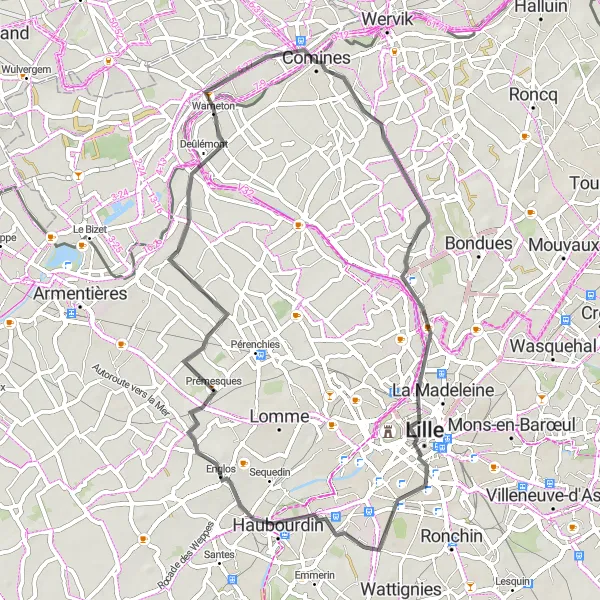 Miniatuurkaart van de fietsinspiratie "Route van Warneton naar Comines-Warneton - Komen-Waasten" in Prov. Hainaut, Belgium. Gemaakt door de Tarmacs.app fietsrouteplanner