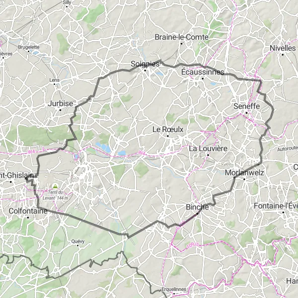 Map miniature of "Wasmuel to Estinnes-au-Mont Loop" cycling inspiration in Prov. Hainaut, Belgium. Generated by Tarmacs.app cycling route planner