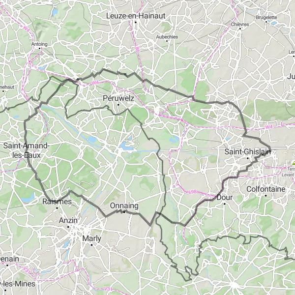 Karten-Miniaturansicht der Radinspiration "Rundfahrt von Wasmuel nach Quaregnon" in Prov. Hainaut, Belgium. Erstellt vom Tarmacs.app-Routenplaner für Radtouren