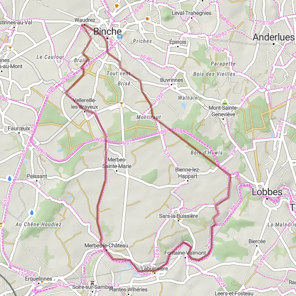 Map miniature of "The Loop of Waudrez" cycling inspiration in Prov. Hainaut, Belgium. Generated by Tarmacs.app cycling route planner