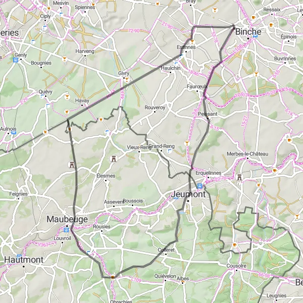 Map miniature of "Roads Less Traveled" cycling inspiration in Prov. Hainaut, Belgium. Generated by Tarmacs.app cycling route planner