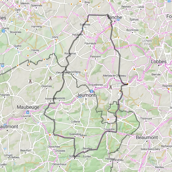 Karten-Miniaturansicht der Radinspiration "Radeln von Labuissière nach Mont de la Justice" in Prov. Hainaut, Belgium. Erstellt vom Tarmacs.app-Routenplaner für Radtouren