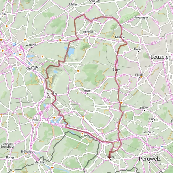 Map miniature of "Antoing and Thimougies Gravel Loop" cycling inspiration in Prov. Hainaut, Belgium. Generated by Tarmacs.app cycling route planner