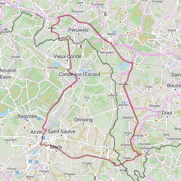 Map miniature of "Blaton and Vieux-Condé Gravel Loop" cycling inspiration in Prov. Hainaut, Belgium. Generated by Tarmacs.app cycling route planner