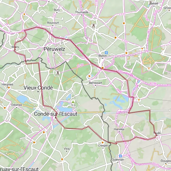 Map miniature of "Blaton and Thulin Gravel Loop" cycling inspiration in Prov. Hainaut, Belgium. Generated by Tarmacs.app cycling route planner