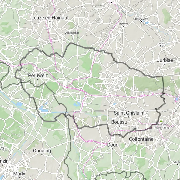 Map miniature of "Wiers - Ramegnies - Belœil - Ghlin - Terril du Sept - Hainin - Saint-Aybert - Vieux-Condé" cycling inspiration in Prov. Hainaut, Belgium. Generated by Tarmacs.app cycling route planner