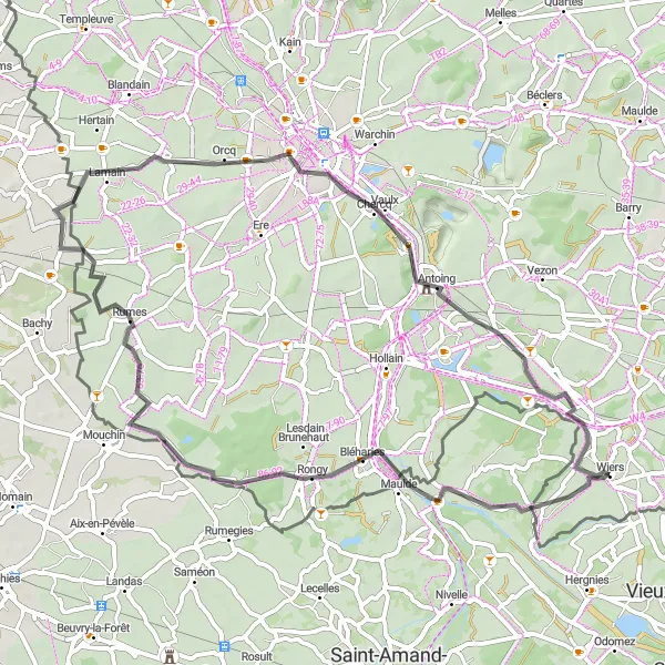 Map miniature of "Wiers - Bléharies - Rumes - Orcq - Antoing - Callenelle" cycling inspiration in Prov. Hainaut, Belgium. Generated by Tarmacs.app cycling route planner