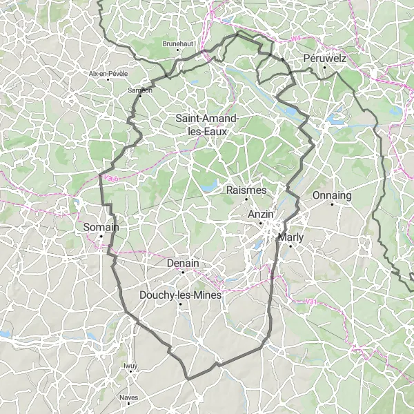 Map miniature of "Wiers - Bruay-sur-l'Escaut - Maison du prévot - Famars - Saulzoir - Fenain - Rumegies - Laplaigne" cycling inspiration in Prov. Hainaut, Belgium. Generated by Tarmacs.app cycling route planner