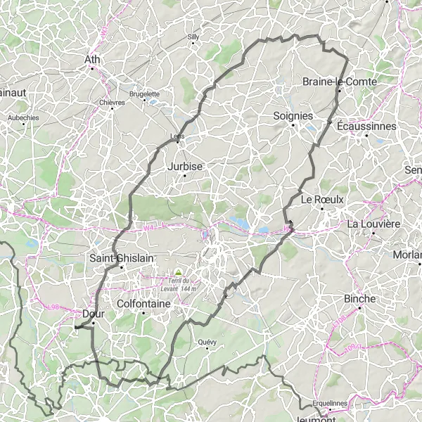 Miniature de la carte de l'inspiration cycliste "Le Tour des Terrils de Hainaut" dans la Prov. Hainaut, Belgium. Générée par le planificateur d'itinéraire cycliste Tarmacs.app