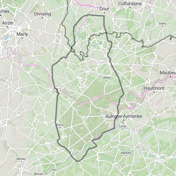 Karten-Miniaturansicht der Radinspiration "Rundfahrt von Wihéries nach Roisin und zurück" in Prov. Hainaut, Belgium. Erstellt vom Tarmacs.app-Routenplaner für Radtouren
