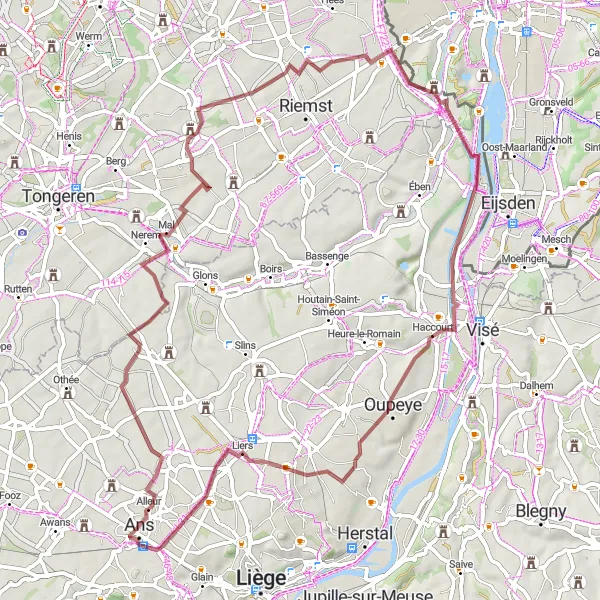 Miniatuurkaart van de fietsinspiratie "Gravelroute door de heuvels van Luik" in Prov. Liège, Belgium. Gemaakt door de Tarmacs.app fietsrouteplanner