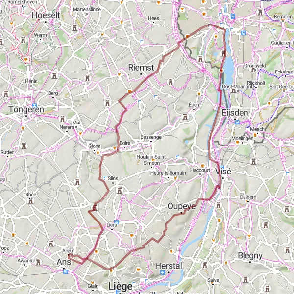 Karten-Miniaturansicht der Radinspiration "Gravel-Abenteuer entlang historischer Sehenswürdigkeiten" in Prov. Liège, Belgium. Erstellt vom Tarmacs.app-Routenplaner für Radtouren