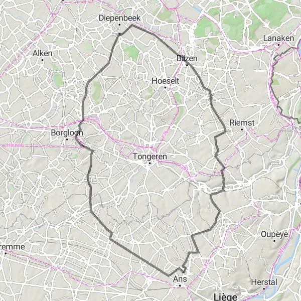 Karten-Miniaturansicht der Radinspiration "Rundfahrt durch malerische Dörfer und Naturgebiete" in Prov. Liège, Belgium. Erstellt vom Tarmacs.app-Routenplaner für Radtouren