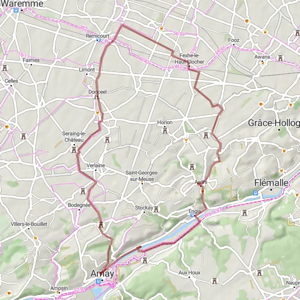 Miniature de la carte de l'inspiration cycliste "Parcours en gravier Donceel-Fexhe-le-Haut-Clocher-Awirs" dans la Prov. Liège, Belgium. Générée par le planificateur d'itinéraire cycliste Tarmacs.app
