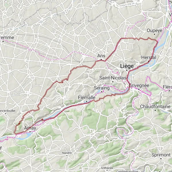 Map miniature of "Relaxing Gravel Ride through Saint-Georges-sur-Meuse" cycling inspiration in Prov. Liège, Belgium. Generated by Tarmacs.app cycling route planner