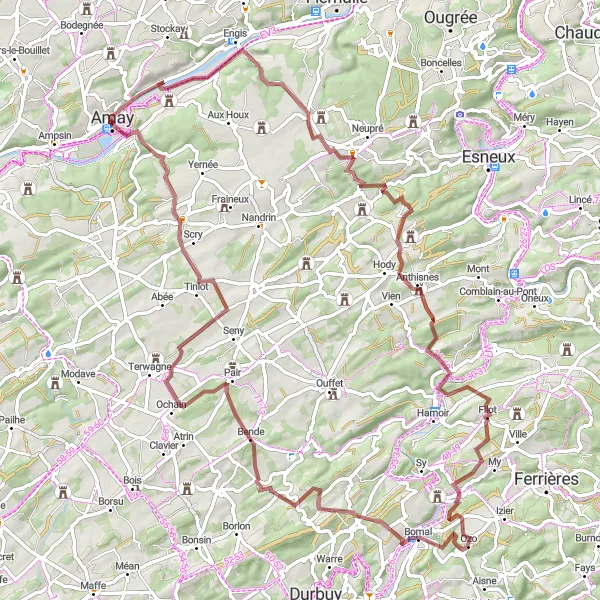 Map miniature of "Scenic Gravel Ride to Xhignesse" cycling inspiration in Prov. Liège, Belgium. Generated by Tarmacs.app cycling route planner