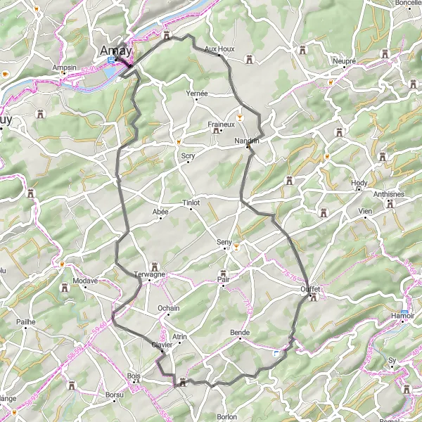 Map miniature of "Scenic Exploration of Fraiture and Clavier" cycling inspiration in Prov. Liège, Belgium. Generated by Tarmacs.app cycling route planner