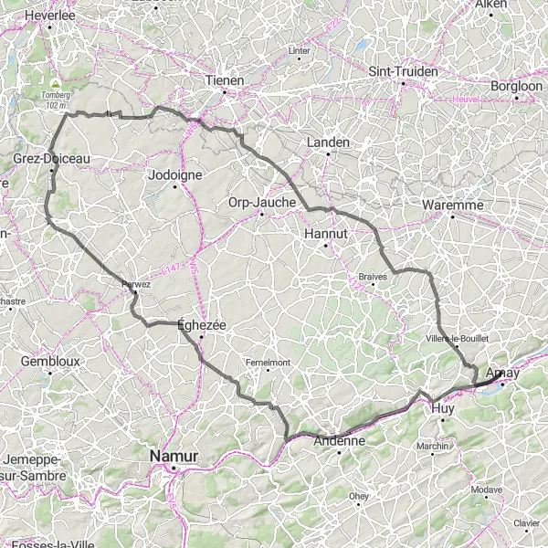 Map miniature of "Hilly Adventure through Château Blanc and Ampsin" cycling inspiration in Prov. Liège, Belgium. Generated by Tarmacs.app cycling route planner