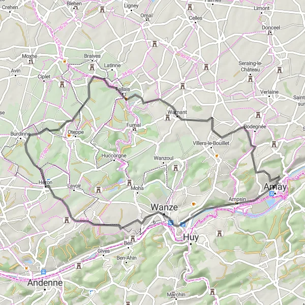 Map miniature of "Scenic Route to Héron and Warnant" cycling inspiration in Prov. Liège, Belgium. Generated by Tarmacs.app cycling route planner