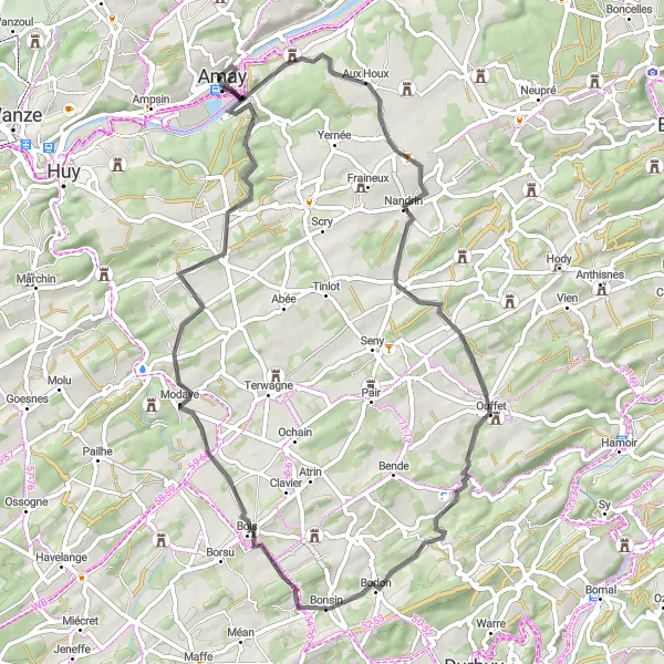 Map miniature of "Challenging Ride to Modave and Château de Vierset" cycling inspiration in Prov. Liège, Belgium. Generated by Tarmacs.app cycling route planner